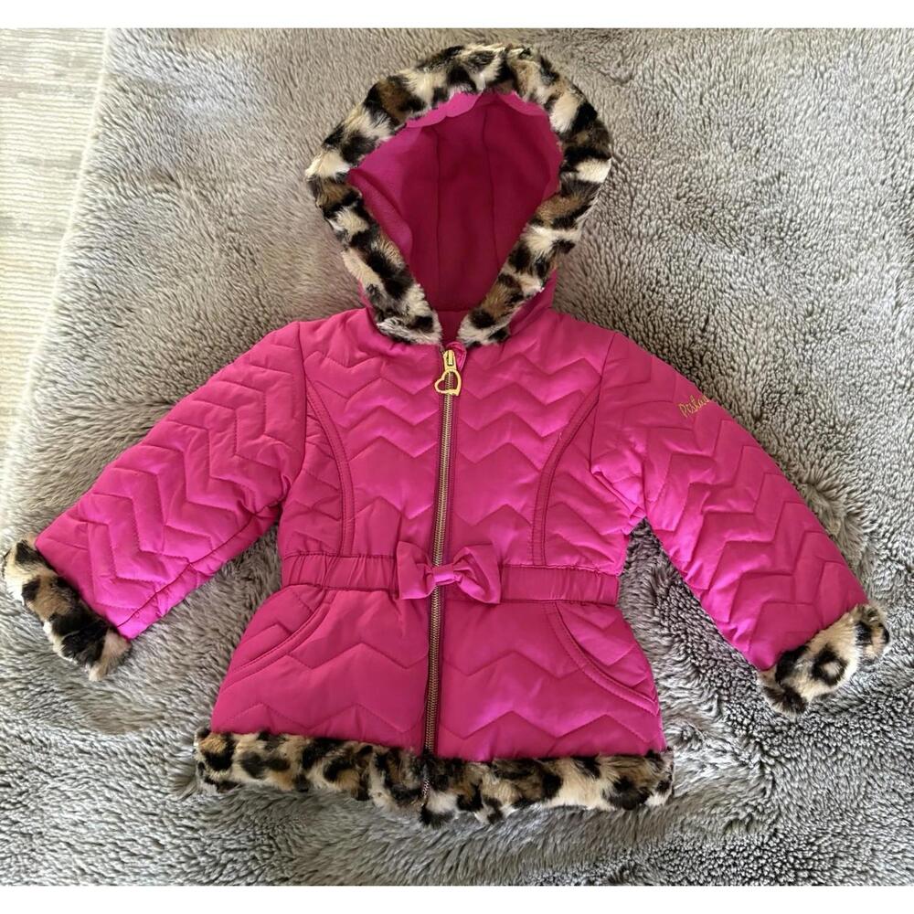 Pistachio 18 Months Girl's Red Puffer Coat with Faux Fur Animal Print Trim